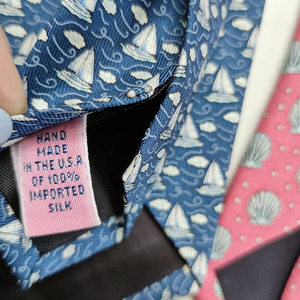 Vineyard Vines Set Of 2 Silk Men's Ties Pink Seashells And Blue Boats